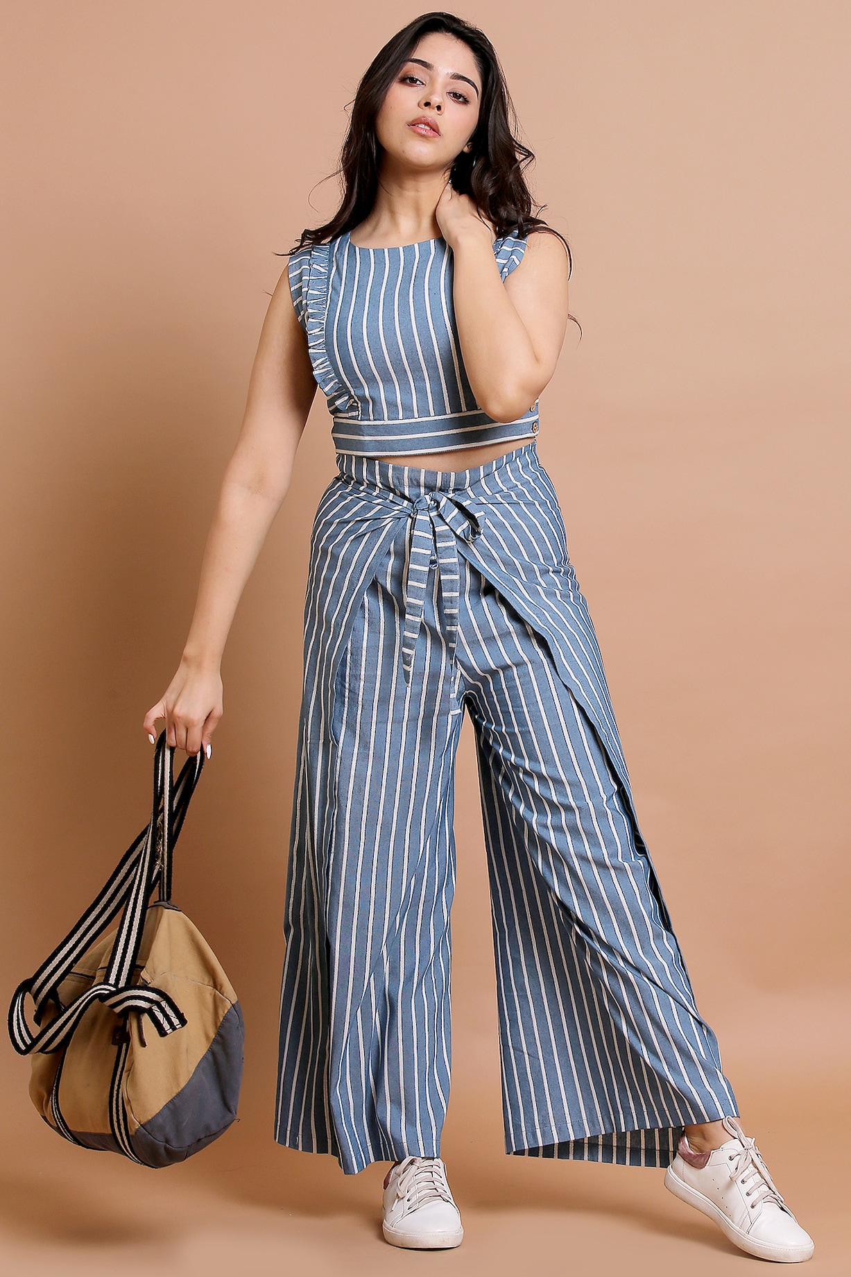 Denim Blue Cotton Striped Co-Ord Set Design by Pooja Zaveri at Pernia's Pop  Up Shop 2023