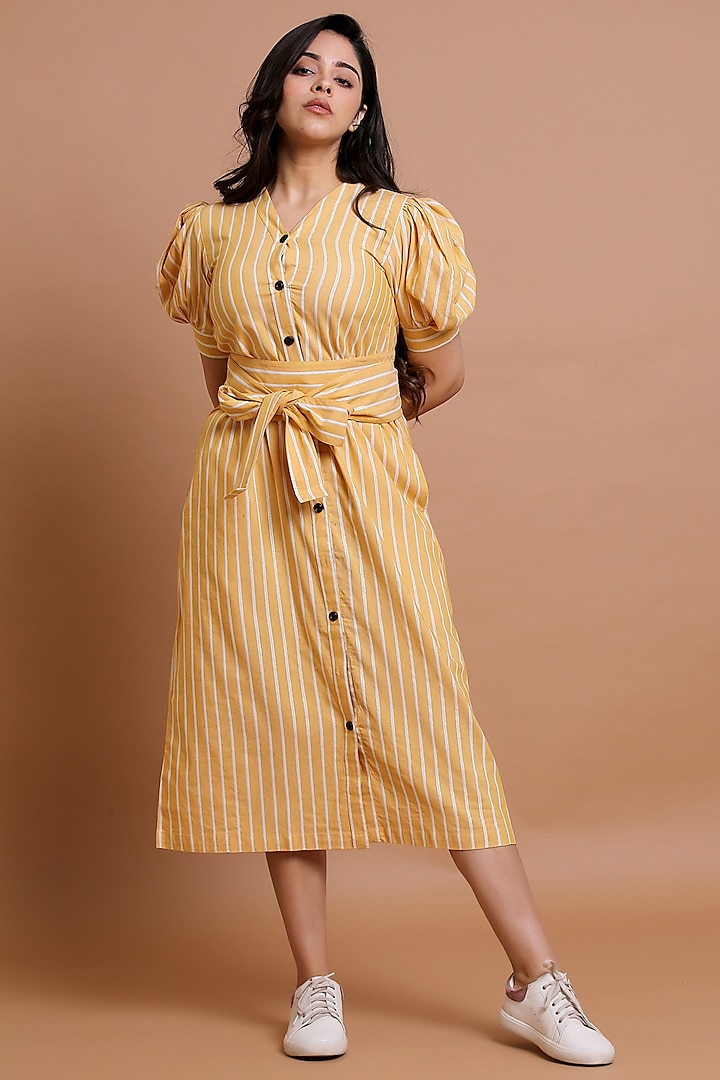 Yellow Cotton Striped Shirt Dress by Pooja Zaveri