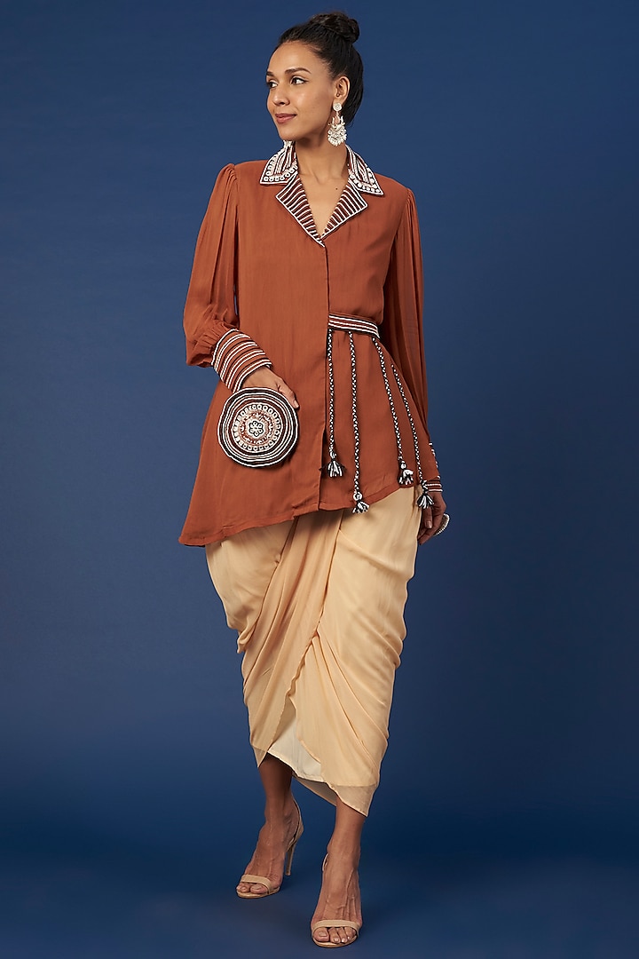 Beige Georgette Draped Skirt Set by Pooja Zaveri