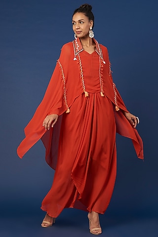 Deep Orange Embroidered Dress by Pooja Zaveri