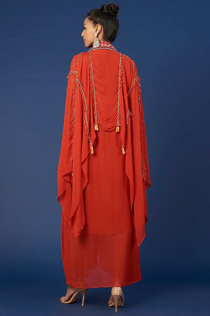 Deep Orange Embroidered Vacation Dress by Pooja Zaveri at Pernia's Pop Up Shop