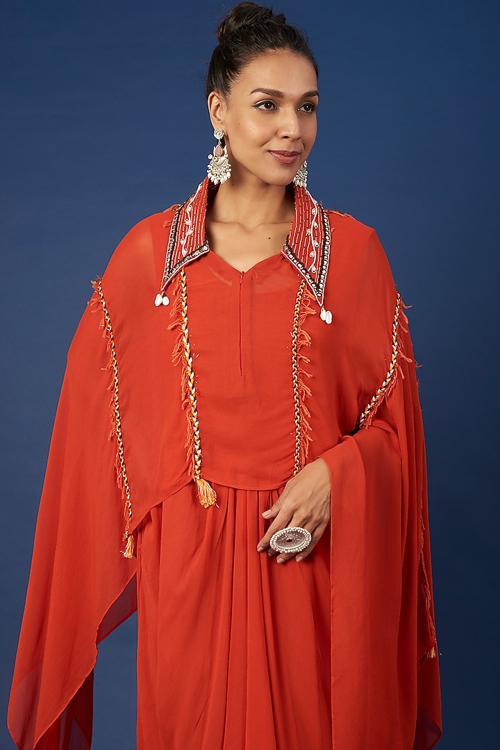 Deep Orange Embroidered Vacation Dress by Pooja Zaveri at Pernia's Pop Up Shop