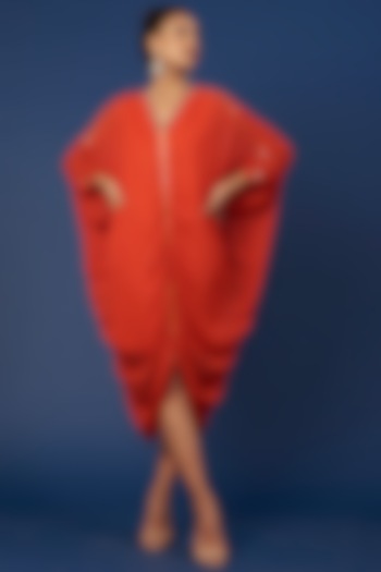 Deep Orange Georgette Gathered Dress by Pooja Zaveri