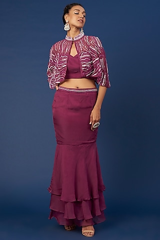 Wine Embroidered Skirt Set by Pooja Zaveri