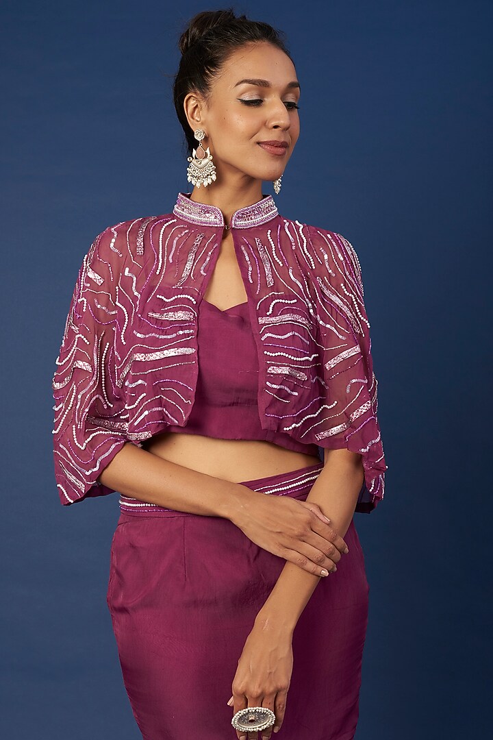 Wine Embroidered Skirt Set by Pooja Zaveri at Pernia's Pop Up Shop