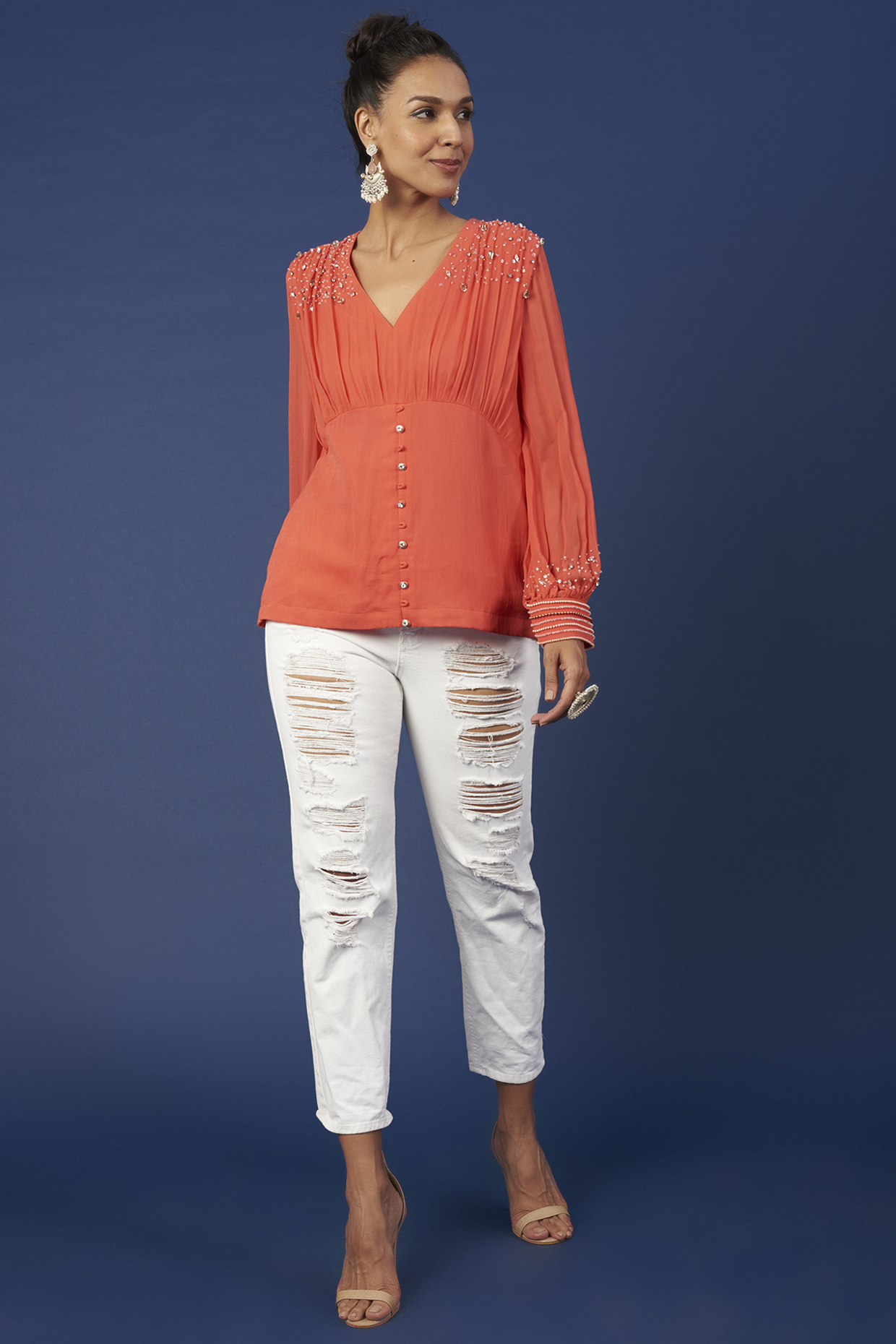 Coral Embroidered Top by Pooja Zaveri