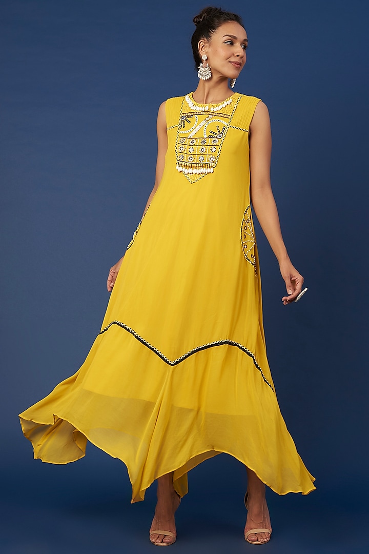 Yellow Embroidered Dress by Pooja Zaveri