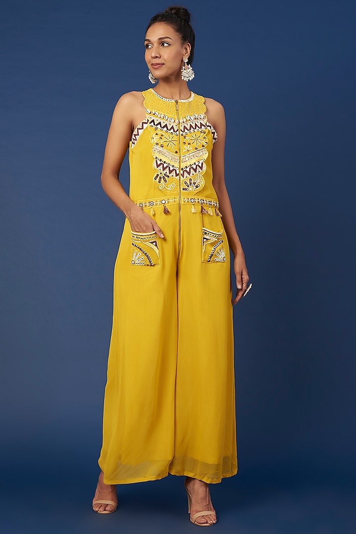 Yellow Embroidered Jumpsuit by Pooja Zaveri
