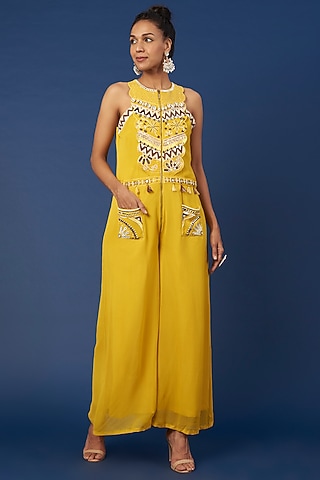 Yellow Embroidered Jumpsuit by Pooja Zaveri