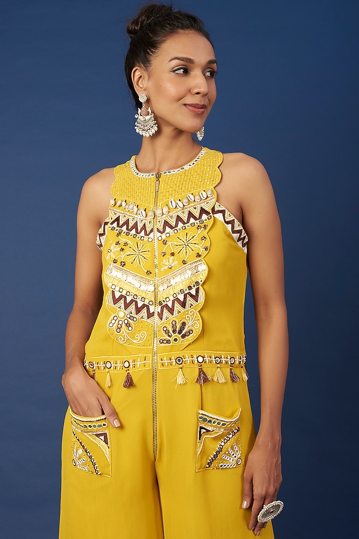 Yellow Embroidered Jumpsuit by Pooja Zaveri at Pernia's Pop Up Shop