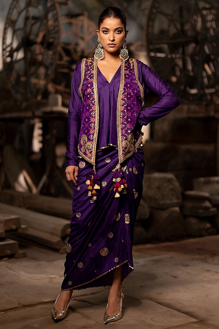 Purple Silk Draped Skirt Set by Pooja & Keyur at Pernia's Pop Up Shop