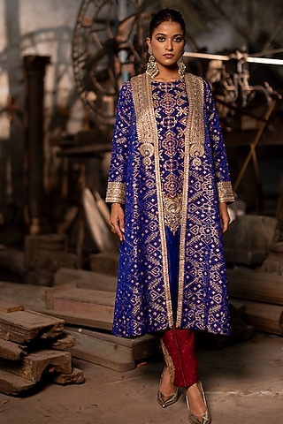 Blue Silk Aari Embroidered A-Line Jacket by Pooja & Keyur