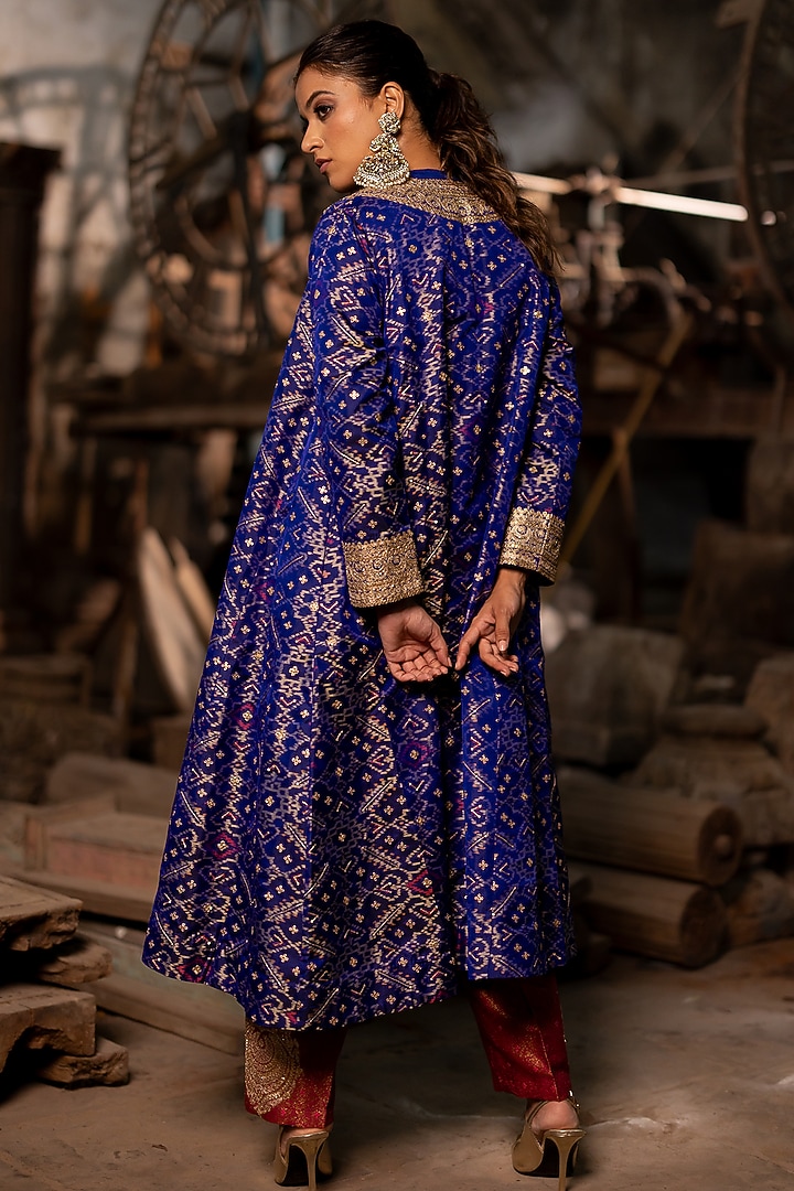 Blue Silk Aari Embroidered A-Line Jacket by Pooja & Keyur at Pernia's Pop Up Shop