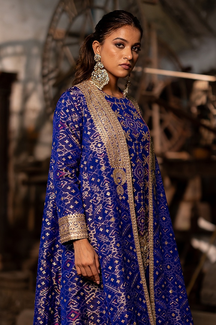 Blue Silk Aari Embroidered A-Line Jacket by Pooja & Keyur at Pernia's Pop Up Shop