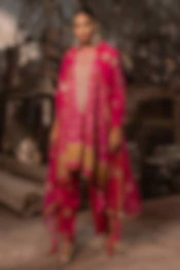 Rani Pink Silk Aari Embroidered Kaftan Set by Pooja & Keyur at Pernia's Pop Up Shop