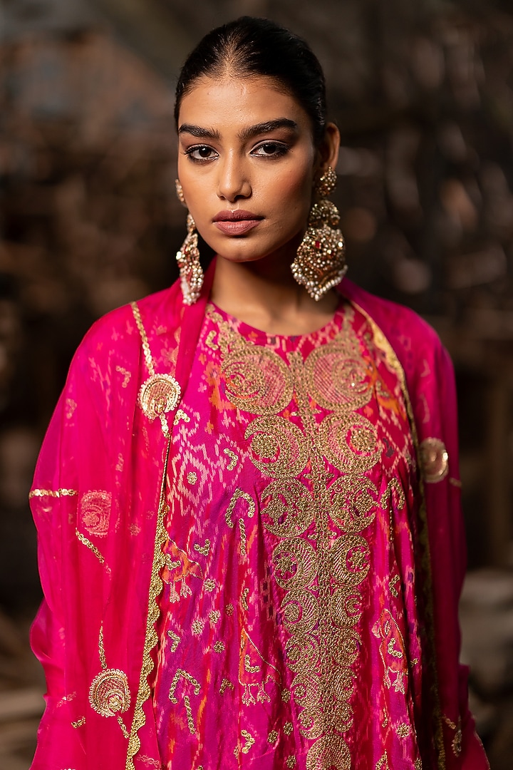 Rani Pink Silk Aari Embroidered Kaftan Set by Pooja & Keyur at Pernia's Pop Up Shop
