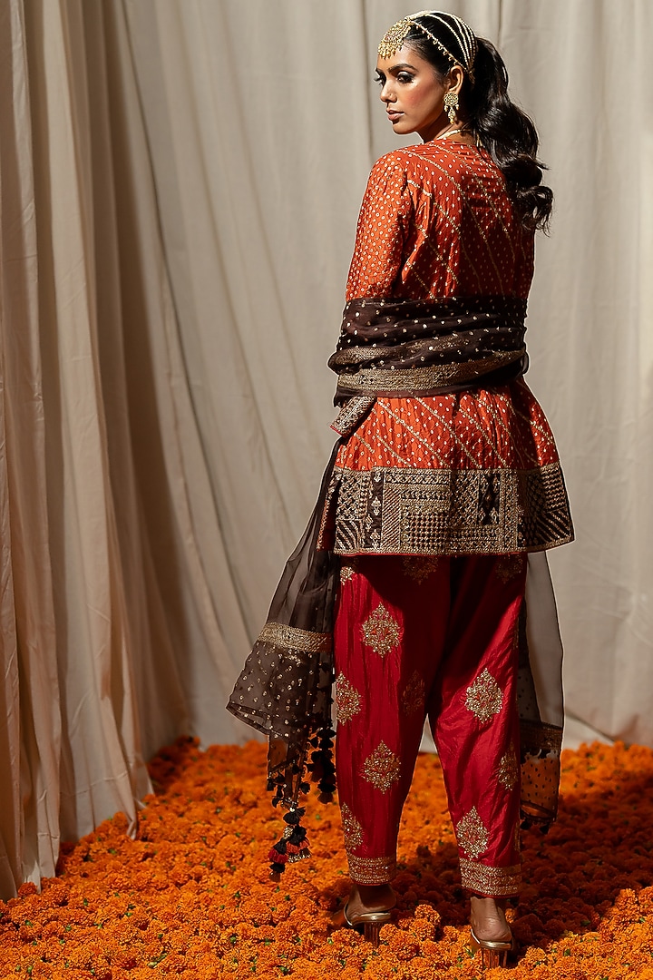 Rust Silk Aari Embroidered Bandhej Kurta Set by Pooja & Keyur at Pernia's Pop Up Shop