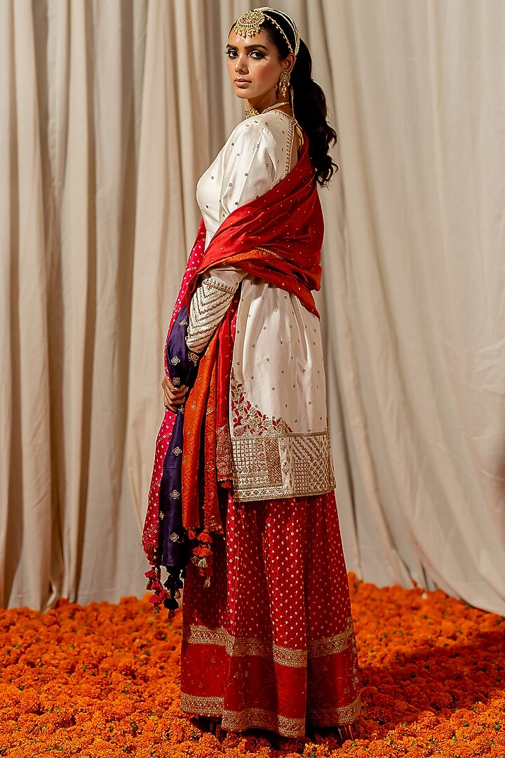 Red Silk Bandhani Wedding Sharara Set by Pooja & Keyur at Pernia's Pop Up Shop