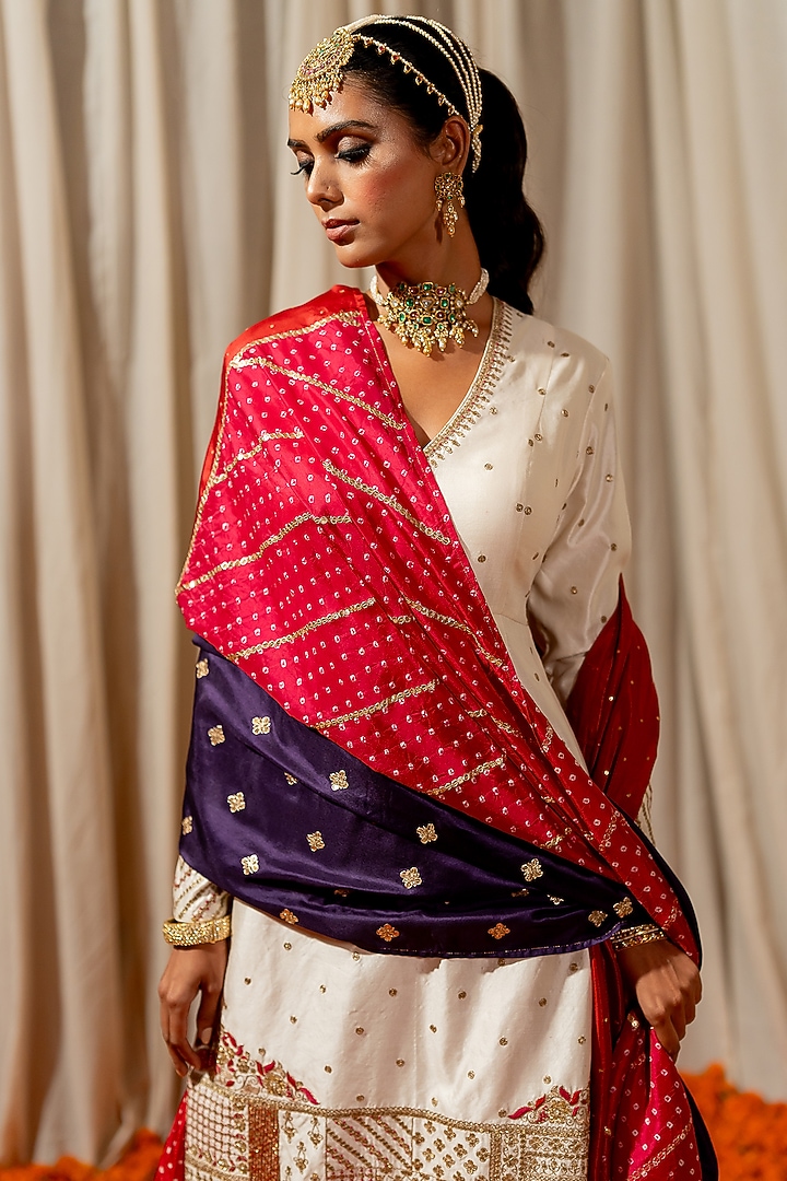Red Silk Bandhani Wedding Sharara Set by Pooja & Keyur at Pernia's Pop Up Shop
