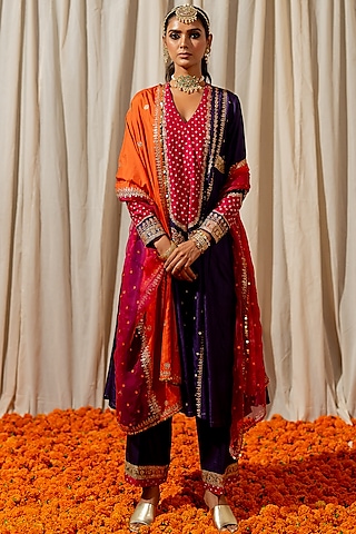 Purple Silk Aari Embroidered Bandhej Anarkali Set by Pooja & Keyur