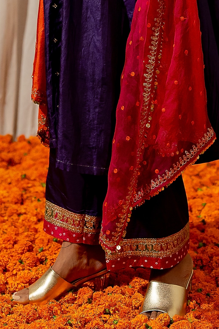 Purple Silk Aari Embroidered Bandhej Wedding Anarkali Set by Pooja & Keyur at Pernia's Pop Up Shop