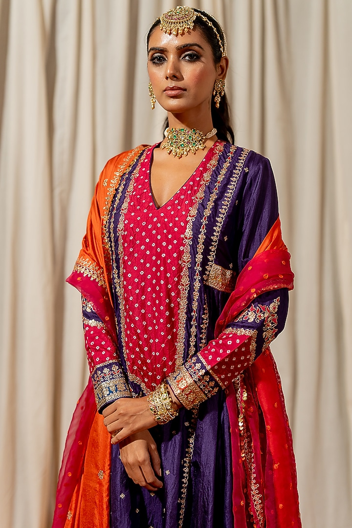 Purple Silk Aari Embroidered Bandhej Wedding Anarkali Set by Pooja & Keyur at Pernia's Pop Up Shop