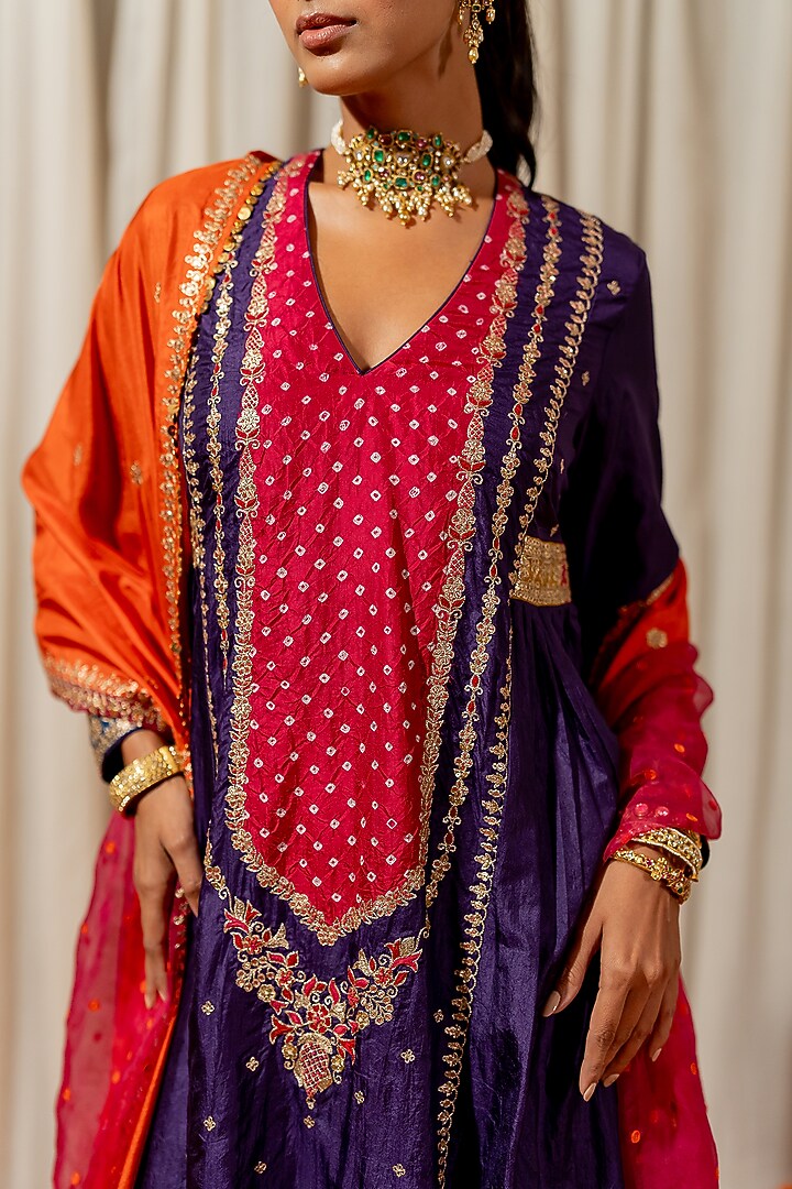Purple Silk Aari Embroidered Bandhej Wedding Anarkali Set by Pooja & Keyur at Pernia's Pop Up Shop