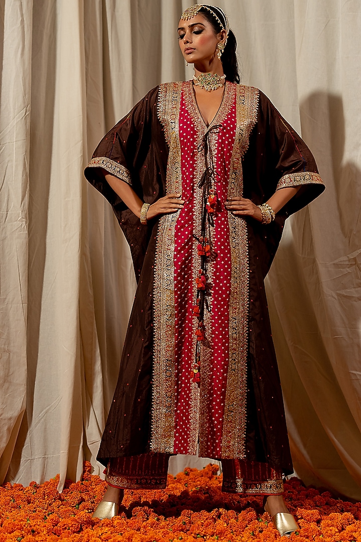 Brown Silk Aari Embroidered Bandhej Kaftan by Pooja & Keyur at Pernia's Pop Up Shop