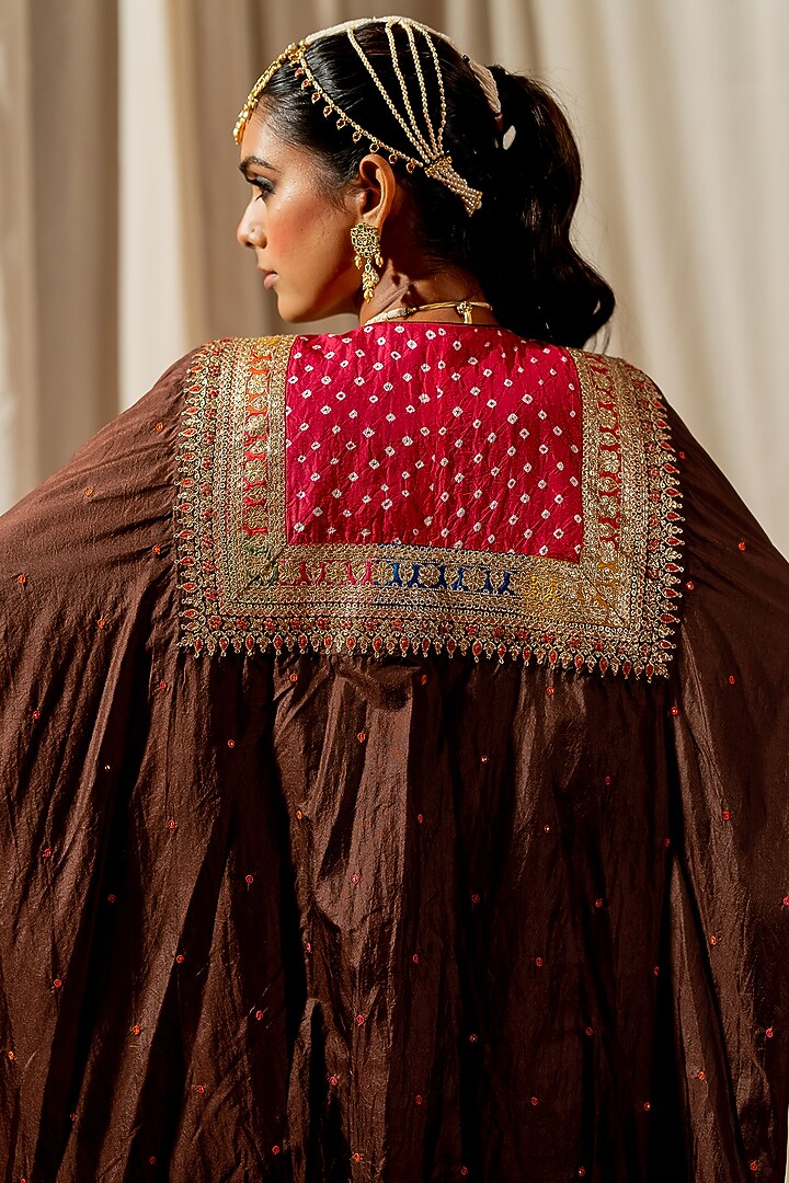 Brown Silk Aari Embroidered Bandhej Kaftan by Pooja & Keyur at Pernia's Pop Up Shop