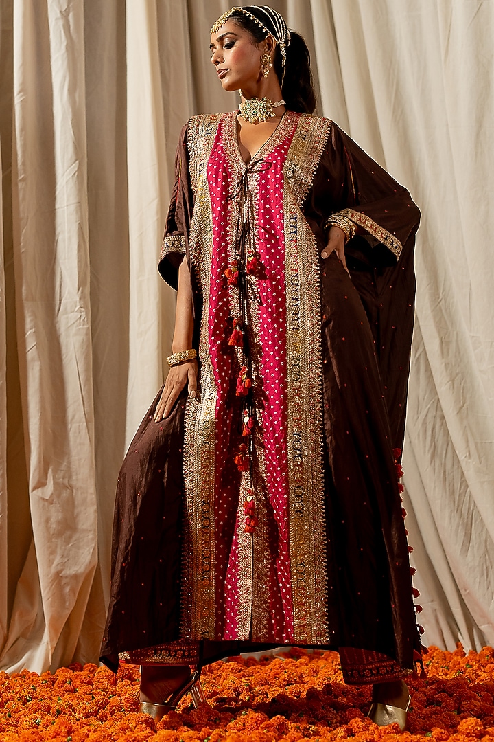 Brown Silk Aari Embroidered Bandhej Kaftan by Pooja & Keyur at Pernia's Pop Up Shop