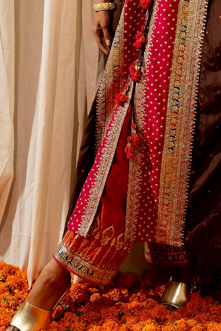 Brown Silk Aari Embroidered Bandhej Kaftan by Pooja & Keyur at Pernia's Pop Up Shop