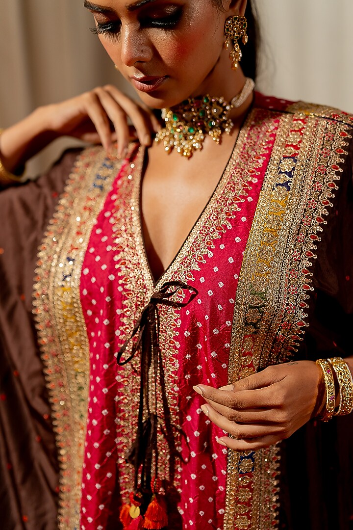 Brown Silk Aari Embroidered Bandhej Kaftan by Pooja & Keyur at Pernia's Pop Up Shop