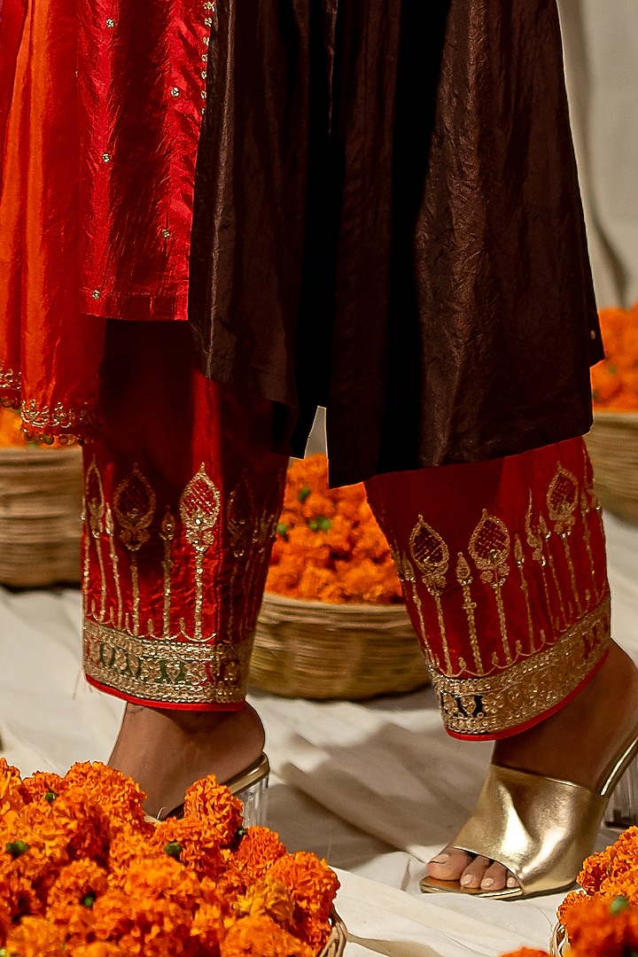 Red Silk Aari Embroidered Kurta Set by Pooja & Keyur at Pernia's Pop Up Shop