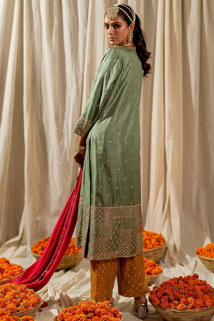 Sage Green Silk Aari Embroidered Kurta Set by Pooja & Keyur at Pernia's Pop Up Shop