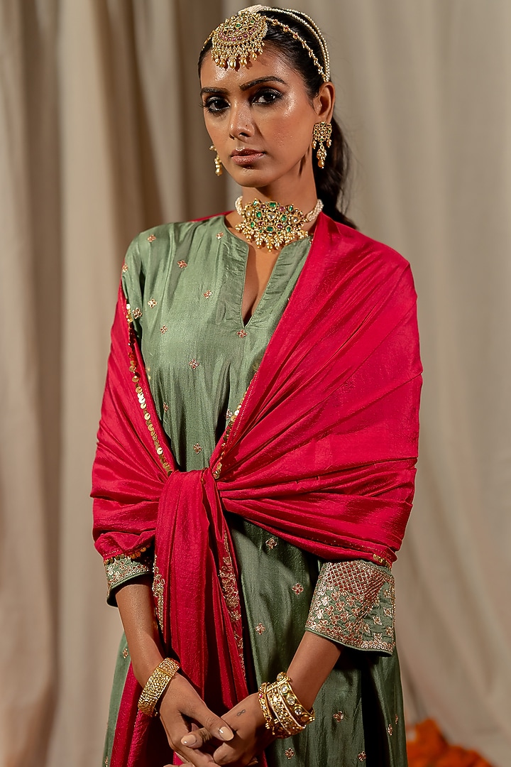 Sage Green Silk Aari Embroidered Kurta Set by Pooja & Keyur at Pernia's Pop Up Shop