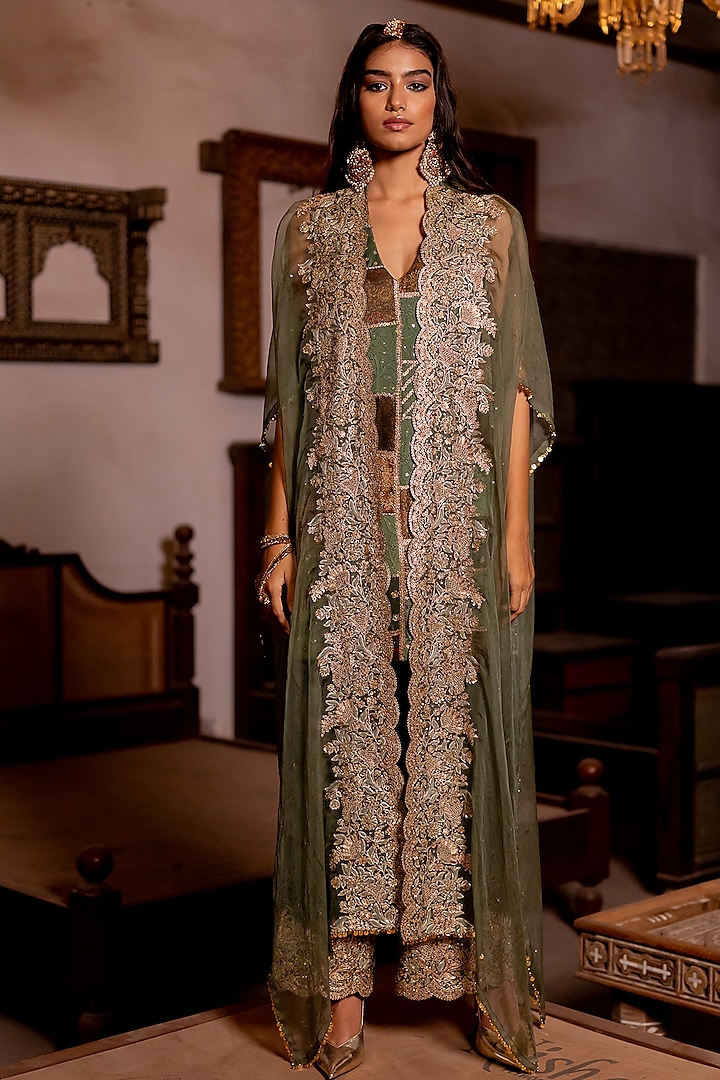 Sage Green Silk Aari Embroidered Jacket Kurta Set by Pooja & Keyur at Pernia's Pop Up Shop