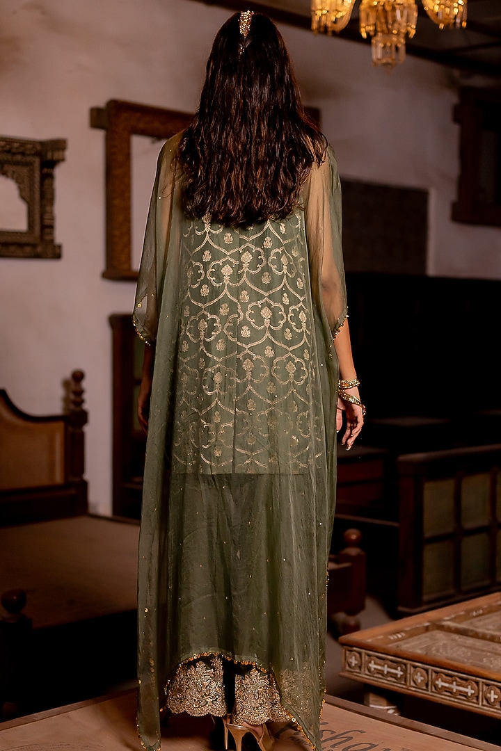 Sage Green Silk Aari Embroidered Jacket Kurta Set by Pooja & Keyur at Pernia's Pop Up Shop