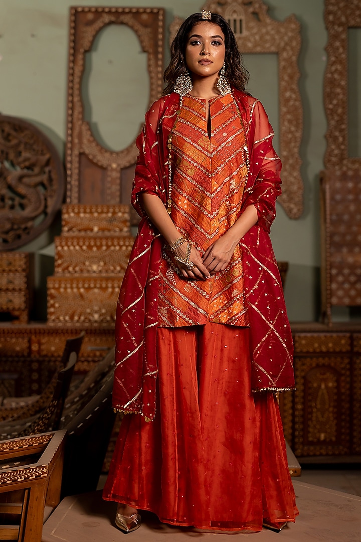 Rust Organza Sharara Set by Pooja & Keyur at Pernia's Pop Up Shop