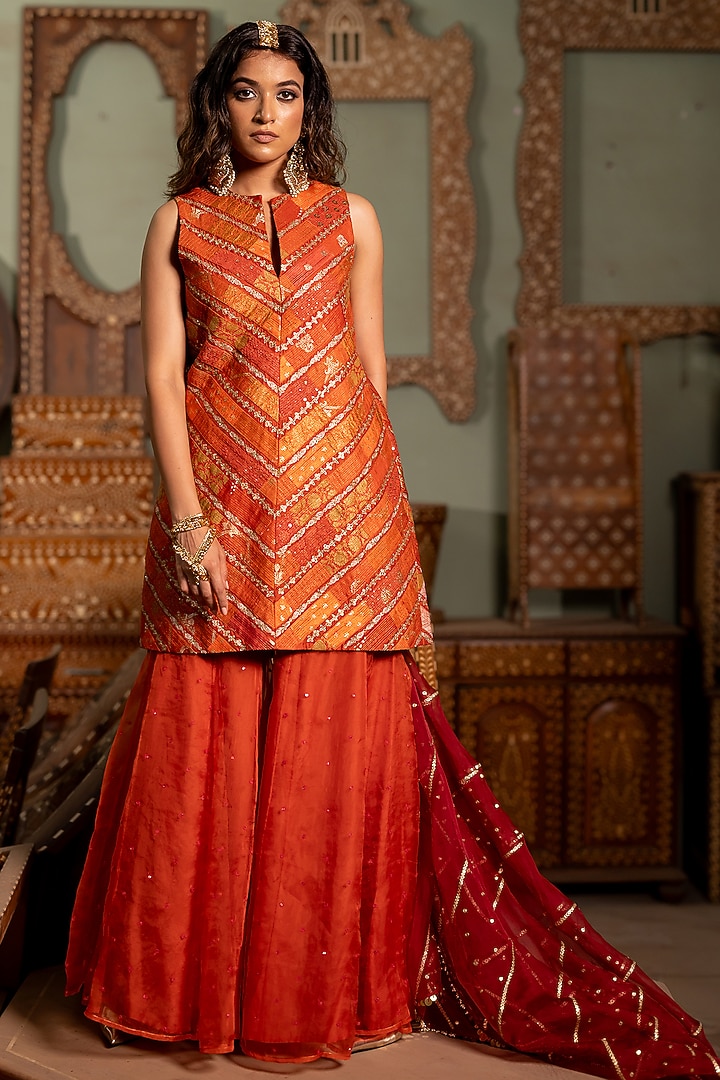 Rust Organza Wedding Sharara Set by Pooja & Keyur at Pernia's Pop Up Shop
