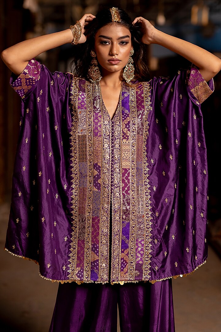 Purple Silk Aari Embroidered Kaftan Set by Pooja & Keyur at Pernia's Pop Up Shop