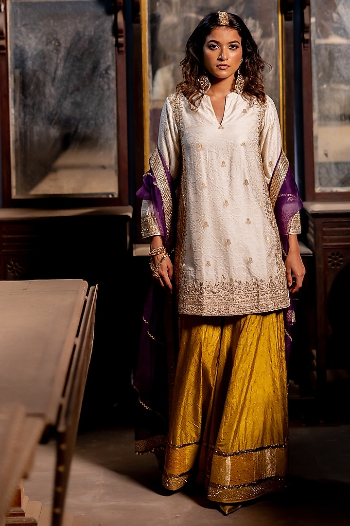 Mustard Silk Sharara Set by Pooja & Keyur at Pernia's Pop Up Shop