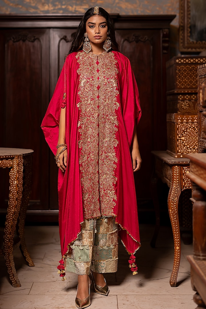 Pink Silk Aari Embroidered Cowl Kaftan Set by Pooja & Keyur at Pernia's Pop Up Shop