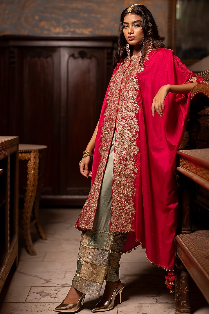 Pink Silk Aari Embroidered Cowl Kaftan Set by Pooja & Keyur at Pernia's Pop Up Shop