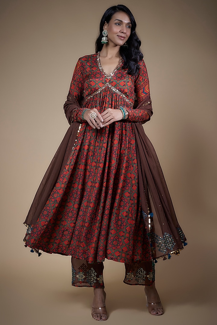 Multi-Colored Cotton Silk Printed Anarkali Set by Pooja & Keyur