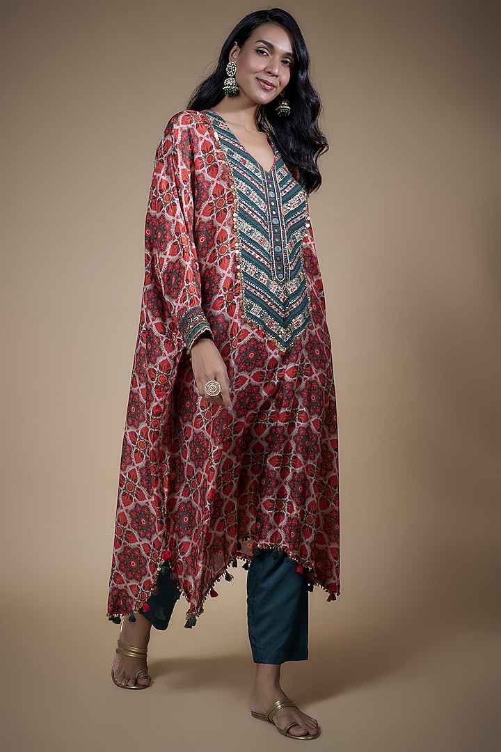 Multi-Colored Cotton Satin Printed Kaftan Set by Pooja & Keyur at Pernia's Pop Up Shop