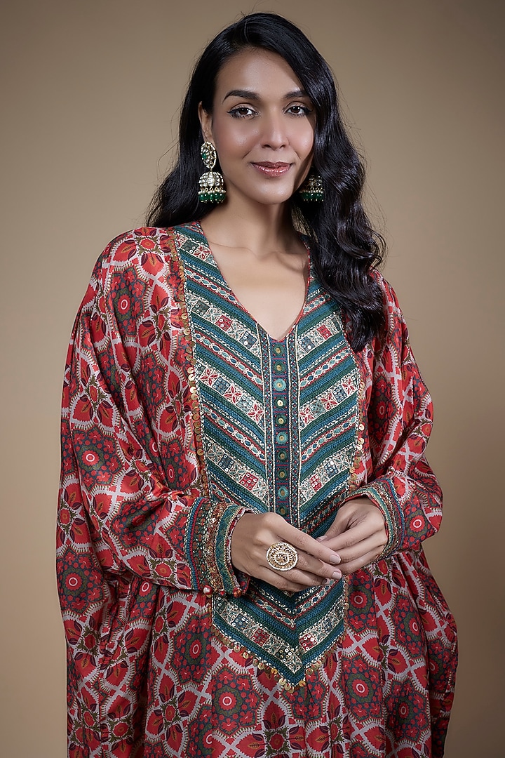 Multi-Colored Cotton Satin Printed Kaftan Set by Pooja & Keyur at Pernia's Pop Up Shop