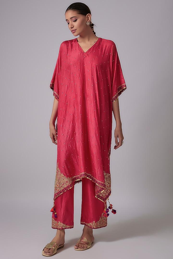 Pink Pure Silk Embroidered Kaftan Set by Pooja & Keyur at Pernia's Pop Up Shop