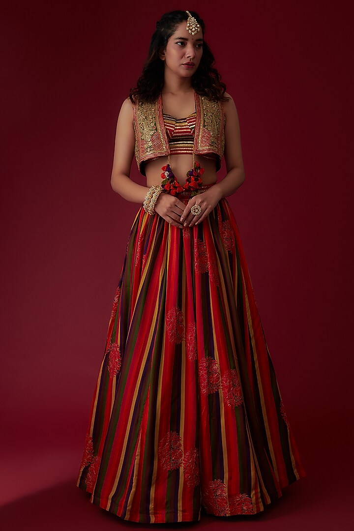 Multi-Colored Cotton Silk Embroidered & Printed Jacket Wedding Lehenga Set by Pooja & Keyur at Pernia's Pop Up Shop