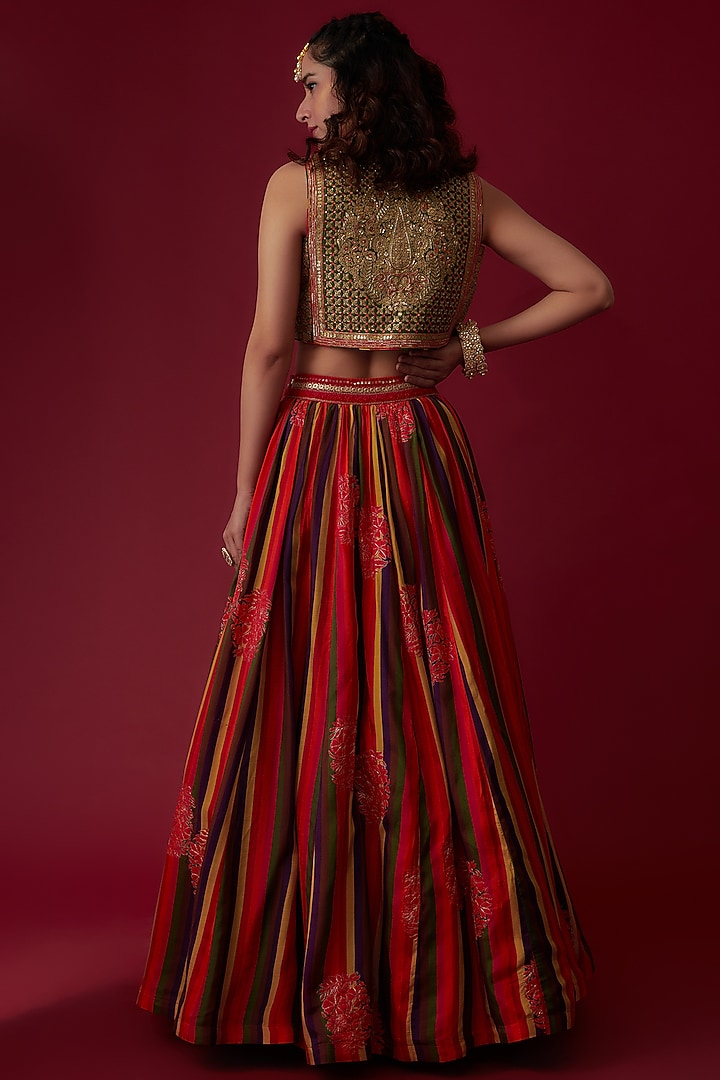 Multi-Colored Cotton Silk Embroidered & Printed Jacket Wedding Lehenga Set by Pooja & Keyur at Pernia's Pop Up Shop