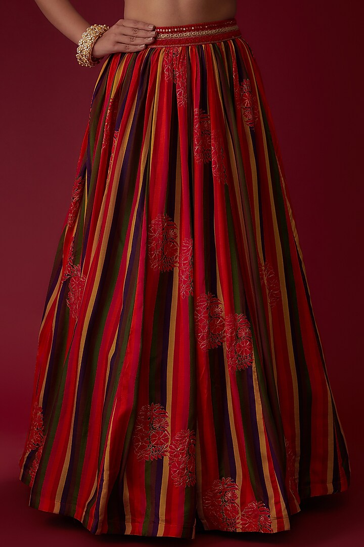 Multi-Colored Cotton Silk Embroidered & Printed Jacket Wedding Lehenga Set by Pooja & Keyur at Pernia's Pop Up Shop